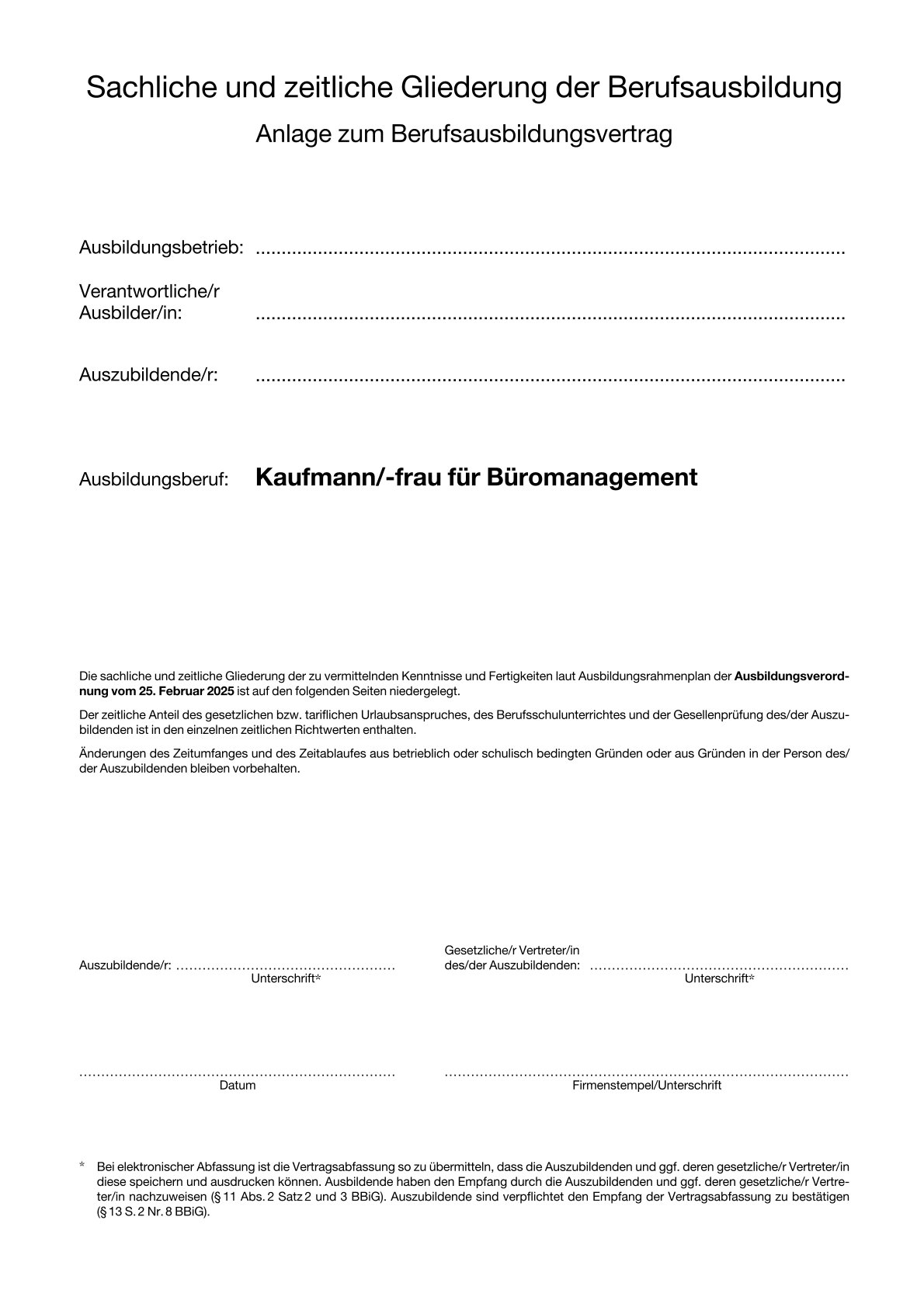Ausfüllbare Seite vom sachlich und zeitlichen Gliederungsplan vom "Kaufmann/-frau für Büromanagement"