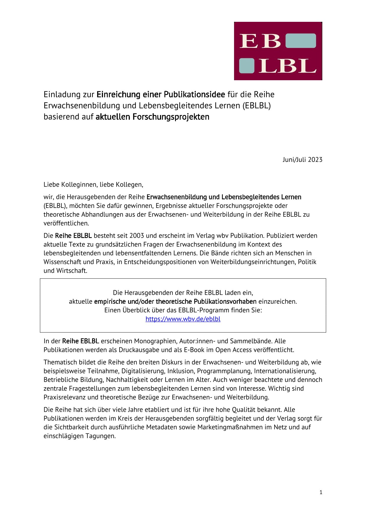 Call for Manuscripts Reihe „Erwachsenenbildung und Lebensbegleitendes Lernen"”