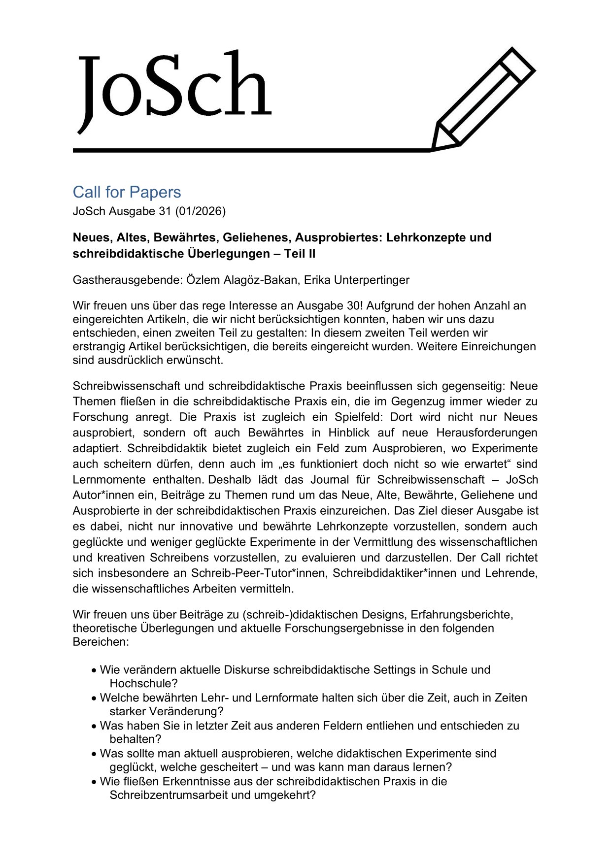 Call for Papers Aufruf zum Einreichen von Artikel für JoSch 31 (01/2026)