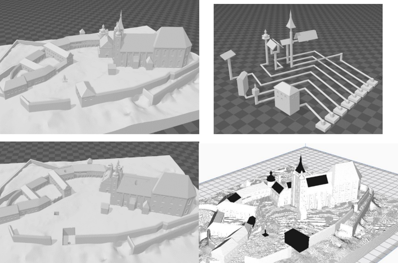 The picture shows four photographs of models of the monument, demonstrating examples of the process of programming the sound system into the models. The sounding parts on all the models were carefully selected and have been marked in black.