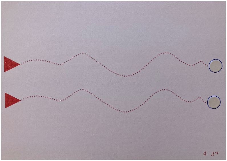 Parallel mit ca. 5cm Abstand verlaufen zwei punktierte Linien wellenförmig von links nach rechts auf einer DIN A4 Seite im Querformat. Die Startpunkte der Linien werden durch ein taktiles Dreieck markiert, die Endpunkte durch einen taktilen Kreis. Unten rechts auf der Seite befindet sich die Nummer der Übungsseite in Schwarzschrift und in Braille. Das Übungsblatt ist zart rot eingefärbt. Startpunkt und punktierte Linie sind in kräftigem Rot, die Zielkreise in dunklem Blau dargestellt.