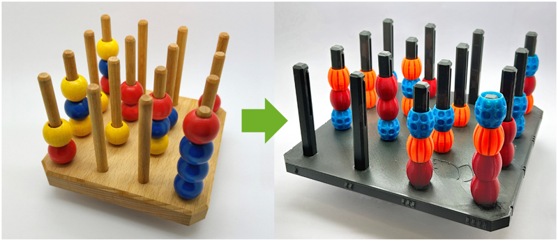 Das Bild zeigt zwei Versionen des Spiels. Auf der linken Seite sieht man die Originalversion aus Holz mit bunten Holzperlen. Auf der rechten Seite des Bildes sieht man die inklusive Variante aus dunklem Kunststoff, mit taktilen Perlen in blau, orange und rot sowie Markierungen am Spielfeldrand zur Orientierung auf dem Spielfeld.