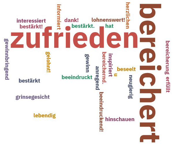 Abbildung der Wordcloud: besonders stechen die Begriffe „zufrieden“ und „bereichert“ hervor.