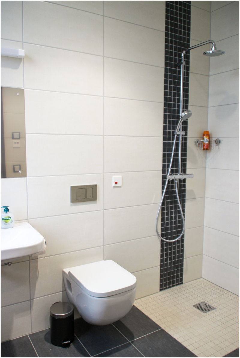 Badezimmer mit Wandtoilette, Dusche, Waschbecken, Spiegel und Mülleimer, frontal fotografiert.