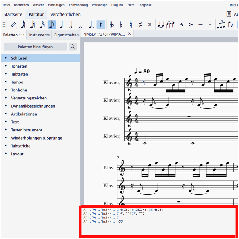 Ein Bildschirmfoto der Benutzeroberfläche des Programms Muse­Score 4 mit Anwendungsmenü, Funktionsbereich zum Produzieren diversen musikalischen Informationen, Ausgabebereich visueller Notation und Ausgabebereich in Braille-Musiknotenschrift.