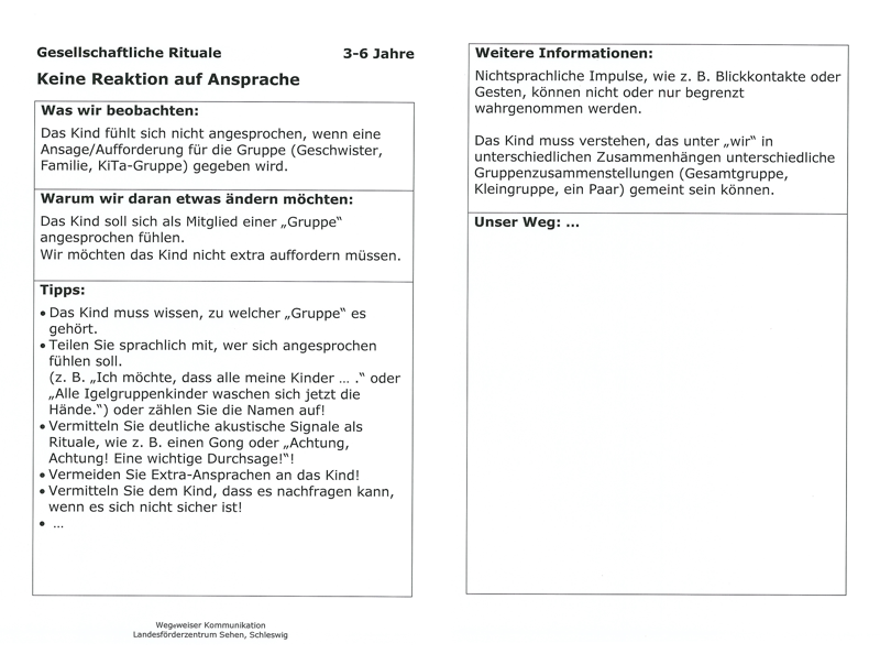 
Abb. 4a zeigt das Foto der Karte Gesellschaftliche Rituale, Altersbereich 3-6. Die Überschrift lautet: Keine Reaktion auf Ansprache. In der Tabelle darunter lautet die Überschrift in Feld 1: Was wir beobachten: Text: Das Kind fühlt sich nicht angesprochen, wenn eine Ansage/Aufforderung für die Gruppe (Geschwister, Familie, KiTa-Gruppe) gegeben wird.
Überschrift in Feld 2: Warum wir daran etwas ändern möchten: Text: Das Kind soll sich als Mitglied einer „Gruppe“ angesprochen fühlen. Wir möchten das Kind nicht extra auffordern müssen.
Darunter in Feld 3 folgen Tipps, dargestellt als Aufzählung: Das Kind muss wissen, zu welcher „Gruppe“ es gehört. Teilen Sie sprachlich mit, wer sich angesprochen fühlen soll (z. B. „Ich möchte, dass alle meine Kinder...“ oder „Alle Igelgruppenkinder waschen sich jetzt die Hände.“) oder zählen Sie die Namen auf!
Vermitteln Sie deutliche akustische Signale als Rituale wie z. B. einen Gong oder „Achtung, Achtung! Eine wichtige Durchsage!“! Vermeiden Sie Extraansprachen an das Kind! Vermitteln Sie dem Kind, dass es nachfragen kann, wenn es sich nicht sicher ist! Der letzte Punkt der Aufzählung ist freigelassen als Ausdruck für Erweiterungsmöglichkeiten.
Ende der Tabelle, in der Fußzeile der Untertitel der Kartensammlung: Wegeweiser Kommunikation und Landesförderzentrum Sehen, Schleswig.
Abb. 4b zeigt das Foto der Rückseite der Karte 4a Gesellschaftliche Rituale. Überschrift in Feld 1: Weitere Informationen Text: Nichtsprachliche Impulse, wie z. B. Blickkontakte oder Gesten, können nicht oder nur begrenzt wahrgenommen werden. Das Kind muss verstehen, dass unter „wir“ in unterschiedlichen Zusammenhängen unterschiedliche Gruppenzusammenstellungen (Gesamtgruppe, Kleingruppe, ein Paar) gemeint sein können.
Überschrift in Feld 2: Unser Weg: (hier ist Platz für eigene Ideen).


