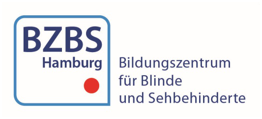 Logo des BZBS: Bildungszentrum für Blinde und Sehbehinderte, Hamburg: Die Buchstaben BZSB Hamburg in einem blauen Quadrat. In der dritten Zeile befindet sich ein roter Punkt.
