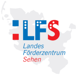Logo des Landesförderzentrums Sehen, Schleswig. Vor einem Umriss des Landes Schleswig-Holsteins in Grau befinden sich ein Doppelpunkt und die Buchstaben LFS in Blau und Rot, verziert mit weißen Braillepunkten.