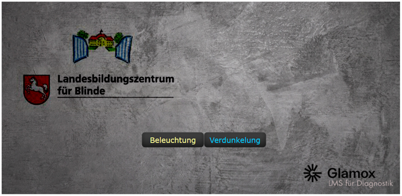 Auf einem Tablet sind die Icons „Beleuchtung“ und „Verdunkelung“ dargestellt. Zudem sind Logos vom „LBZB“ und von „Glamox“ abgebildet. 