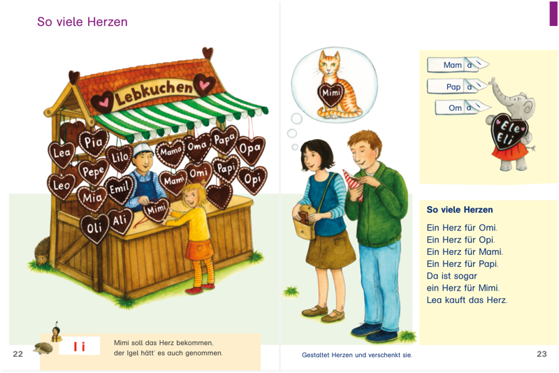 Zeichnung: An einem Lebkuchenstand hängen viele Lebkuchenherzen. Auf den Lebkuchenherzen stehen in weißer Schrift Namen, darunter Lea, Leo, Mama, Oma, Papa und Opa. Lea möchte das Herz mit dem Namen „Mimi“. Leas Eltern stehen neben dem Lebkuchenstand, ihr Vater isst eine Süßigkeit aus einer Papiertüte, ihre Mutter zieht ihren Geldbeutel aus der Handtasche. Dabei denkt sie an die Katze, die das Herz um den Hals trägt.