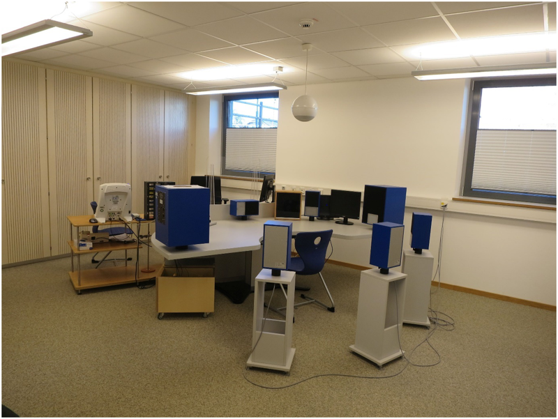 Raum mit acht Lautsprechern, die im Kreis angeordnet sind. Fünf Lautsprecher sind auf einem halbkreisförmigen Tisch montiert. Drei Lautsprecher sind auf schmalen, tischhohen Kästen mit Rollen montiert. In der Mitte aller Lautsprecher steht ein Stuhl. Ein kugelförmiger Lautsprecher hängt über dem Stuhl von der Decke.