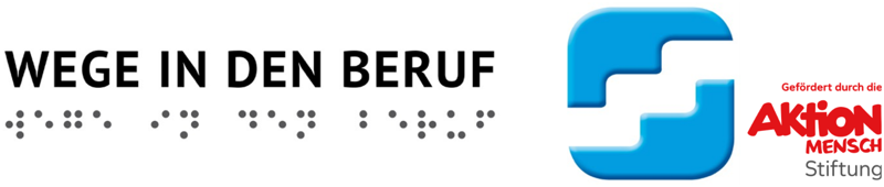 Auf der linken Seite steht „Wege in den Beruf“ in Druckschrift, darunter mit den Punkten der Brailleschrift. Auf der rechten Seite befindet sich das Logo der Aktion Mensch Stiftung.
