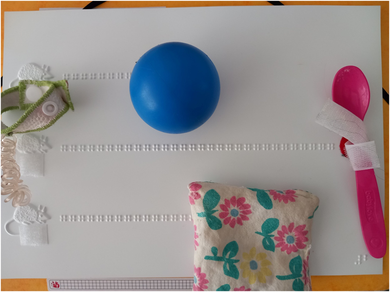 Zu sehen sind drei unterschiedlich lange Reihen von Braille-Reihen mit dem Buchstaben „g“ (oben die kürzeste Reihe, in der Mitte die längste Reihe). Anstelle der in die Folie im Halbrelief eingeprägten Mäuse am Beginn jeder dieser Reihen befindet sich ein Klettpunkt, auf den das Bezugs-/Referenzobjekt des Kindes aufgeklettet werden kann, in diesem Fall ein Bezugsarmband mit grünem Rand und einer Spiralkette aus Plastik. Am Ende der jeweiligen Reihen befinden sich Bezugs-/Referenzobjekte zu beliebten Spielzeugen bzw. Aktivitäten des Kindes: Oben ein blauer Ball fürs Bällchenbad, in der Mitte ein roter Löffel fürs Essen, unten ein kleines Kissen mit einem bunten Blumenbezug für die Pause.