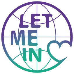 Logo der Bildungskampagne. Der Claim, LET ME IN, auf einer stilisierten Weltkugel samt Herz.