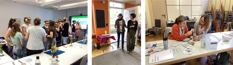 Teilnehmende unter Simulation (Schallschutzkopfhörer und Augenbinde oder Simulationsbrille) bei Selbsterfahrungsübungen sowie bei der Handhabung eines Hörgeräte-Prüfsets.