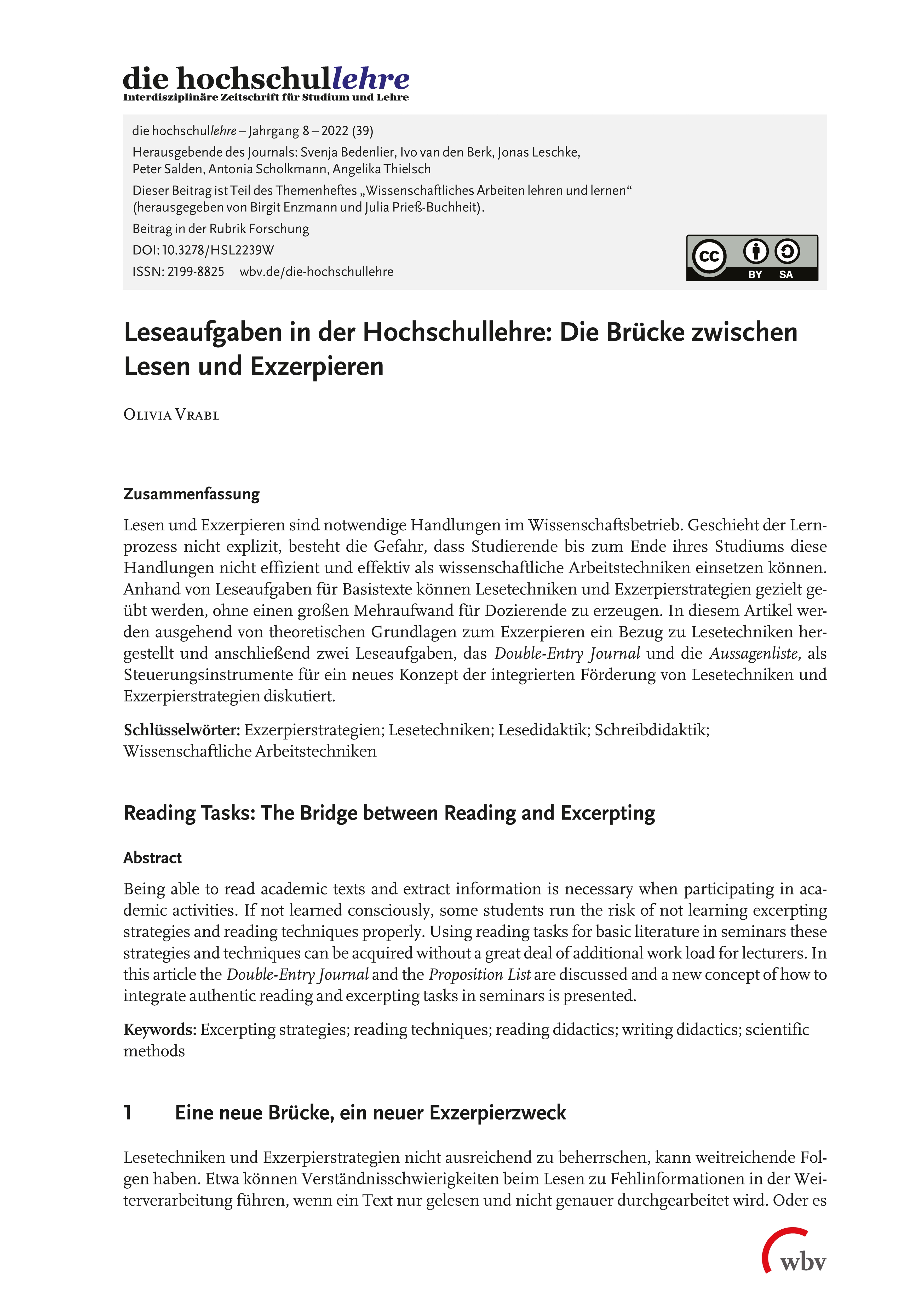 Leseaufgaben in der Hochschullehre: Die Brücke zwischen Lesen und Exzerpieren Leseaufgaben in der Hochschullehre: Die Brücke zwischen Lesen und Exzerpieren