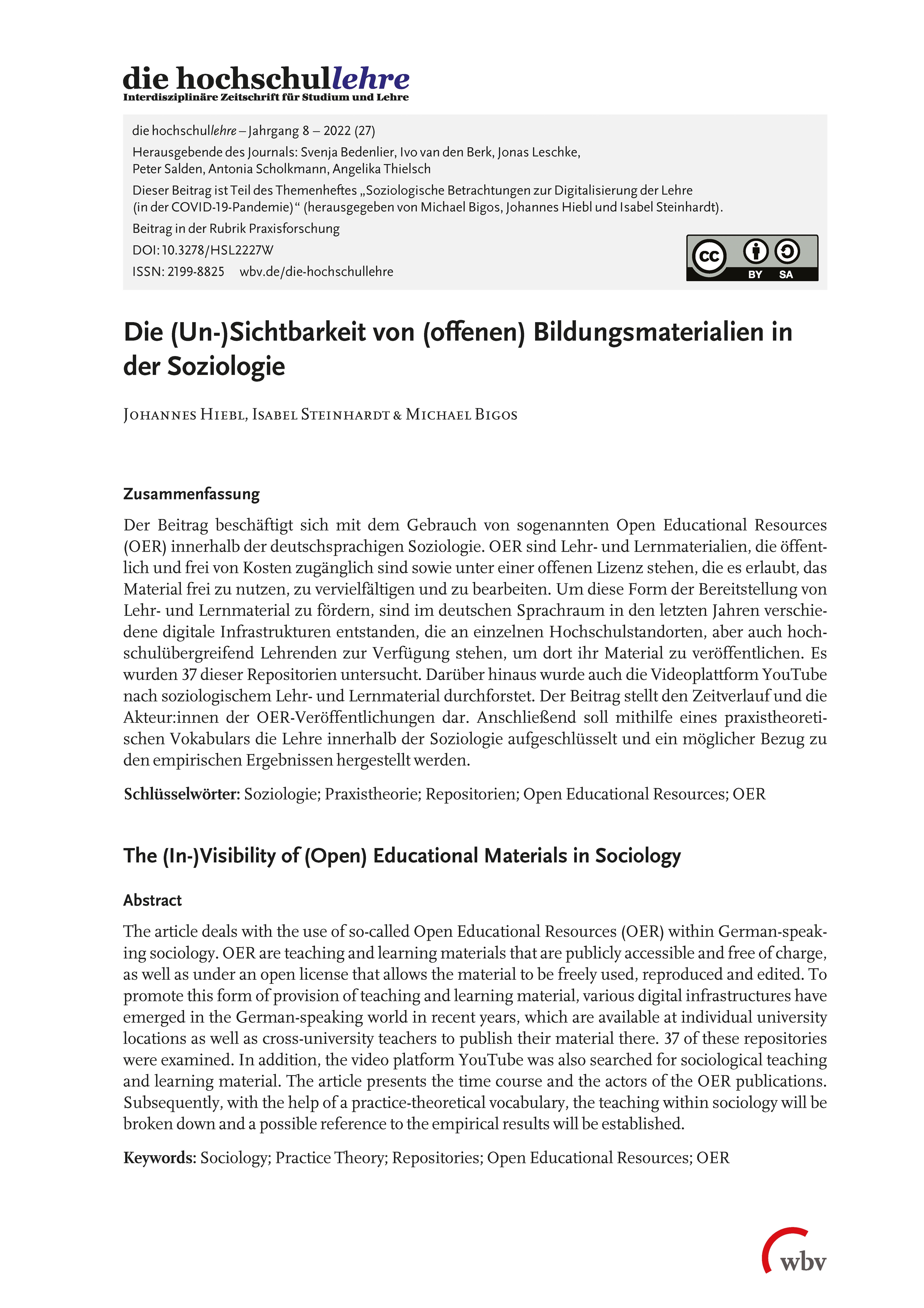 Die (Un-)Sichtbarkeit von (offenen) Bildungsmaterialien in der Soziologie Die (Un-)Sichtbarkeit von (offenen) Bildungsmaterialien in der Soziologie