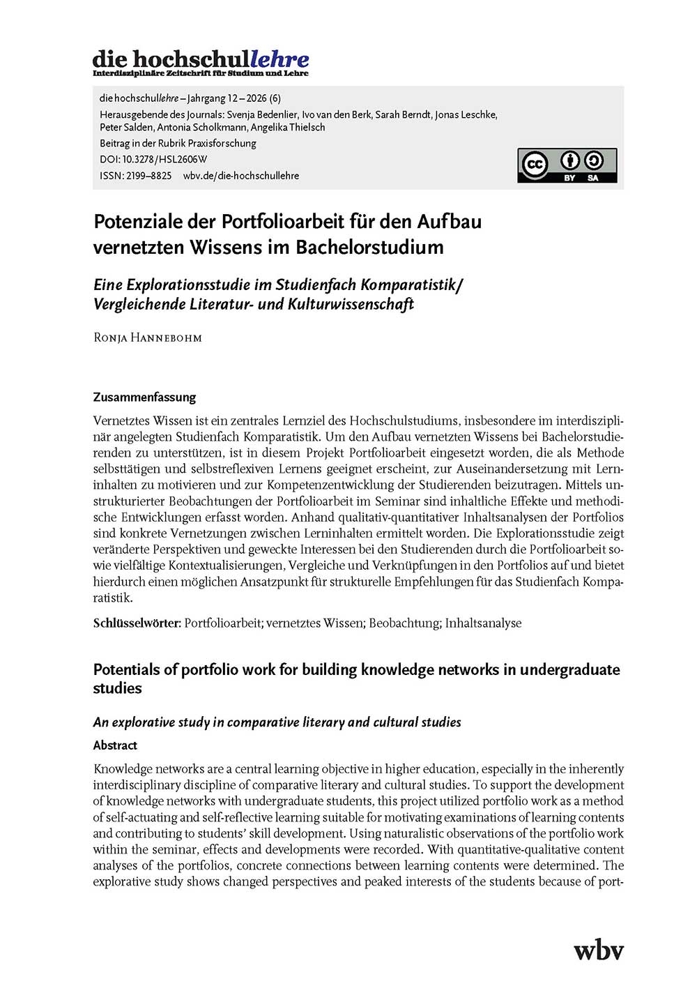 Potenziale der Portfolioarbeit für den Aufbau vernetzten Wissens im Bachelorstudium. Eine Explorationsstudie im Studienfach Komparatistik/ Vergleichende Literatur- und Kulturwissenschaft