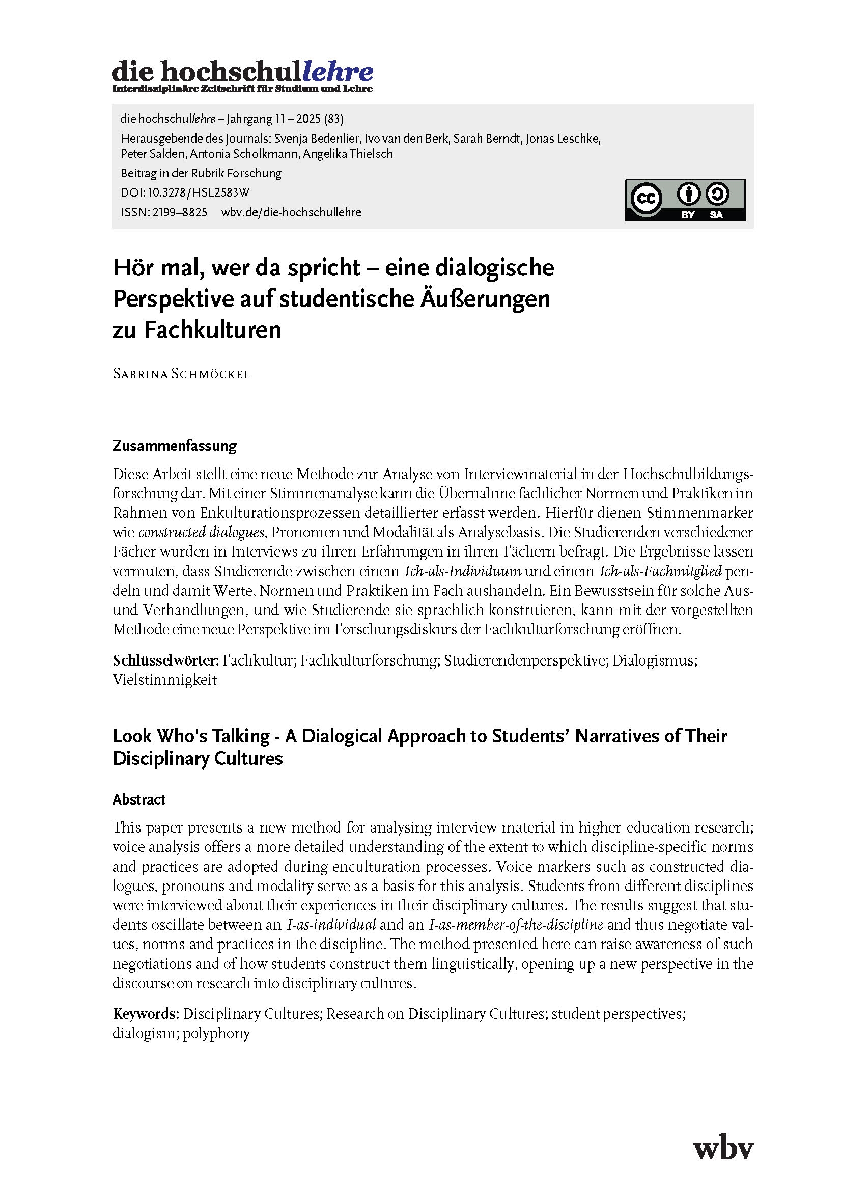 Hör mal, wer da spricht – eine dialogische Perspektive auf studentische Äußerungen zu Fachkulturen