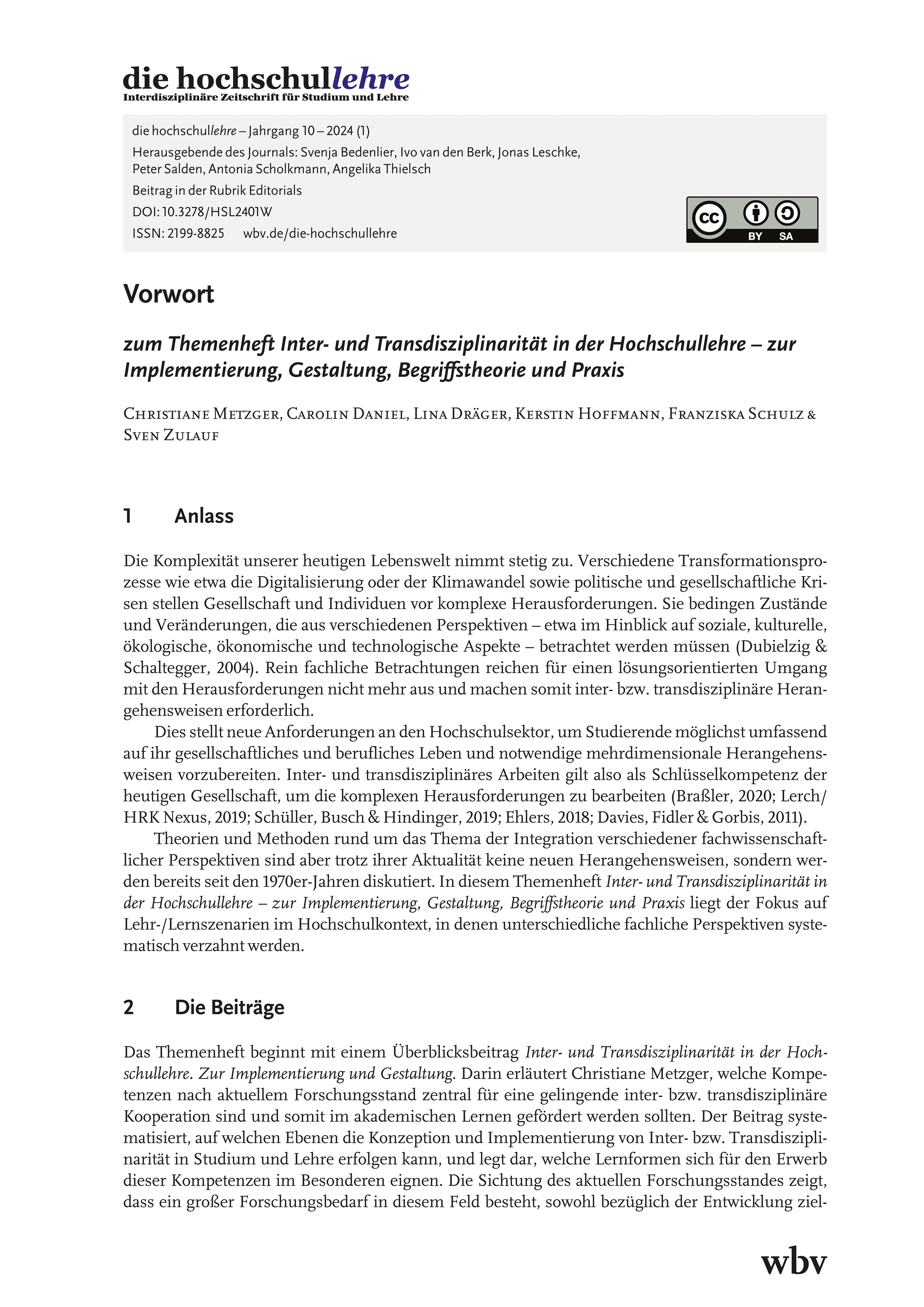 Vorwort zum Themenheft Inter- und Transdisziplinarität in der Hochschullehre – zur  Implementierung, Gestaltung, Begriffstheorie und Praxis