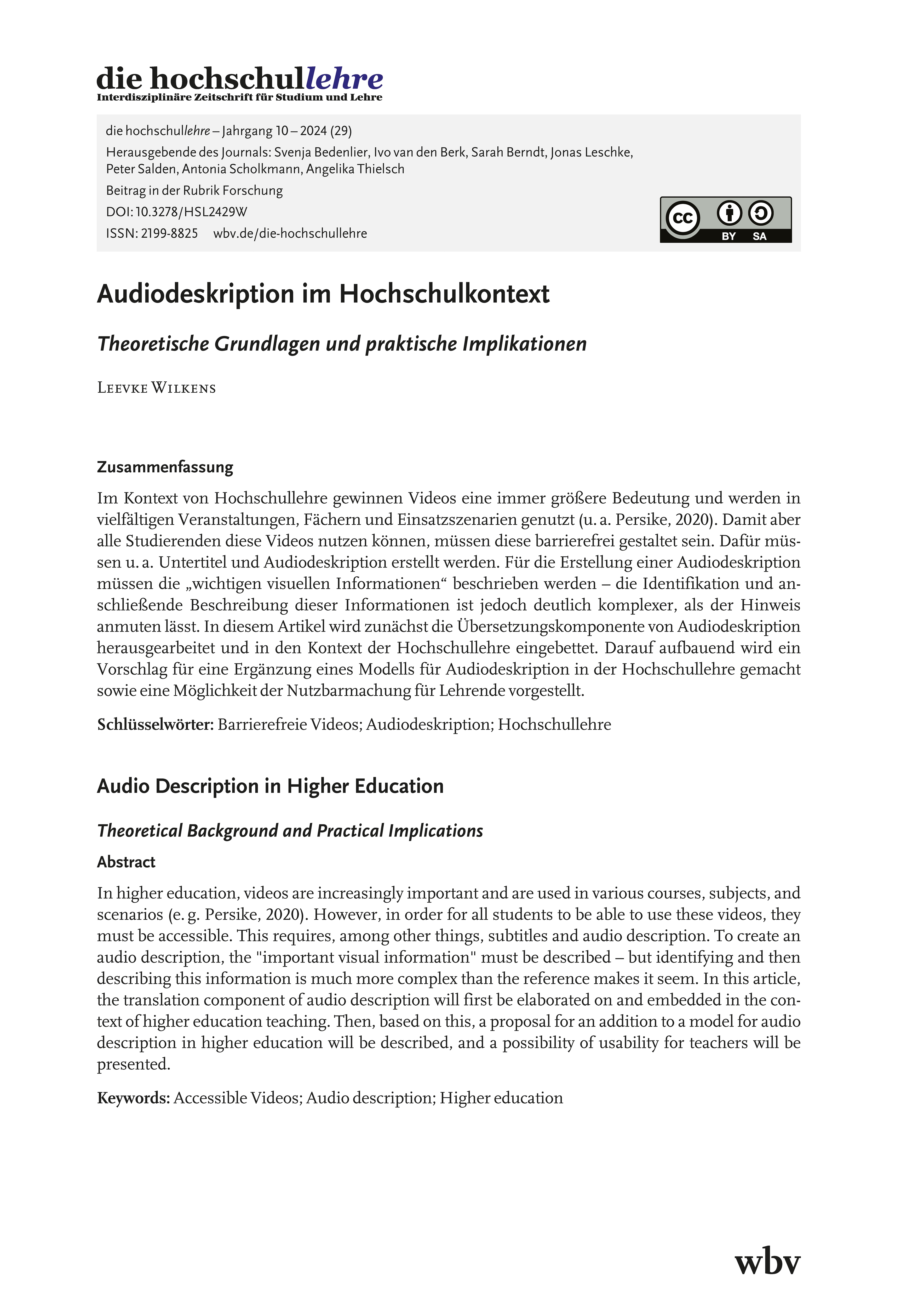Audiodeskription im Hochschulkontext. Theoretische Grundlagen und praktische Implikationen