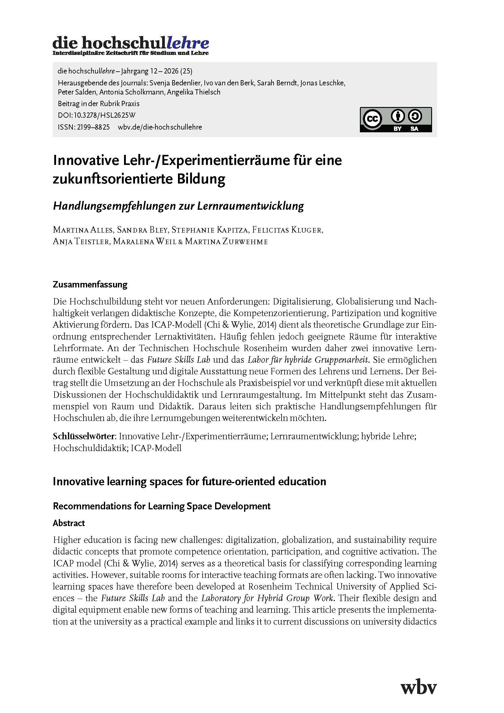 Innovative Lehr-/Experimentierräume für eine zukunftsorientierte Bildung. Handlungsempfehlungen zur Lernraumentwicklung