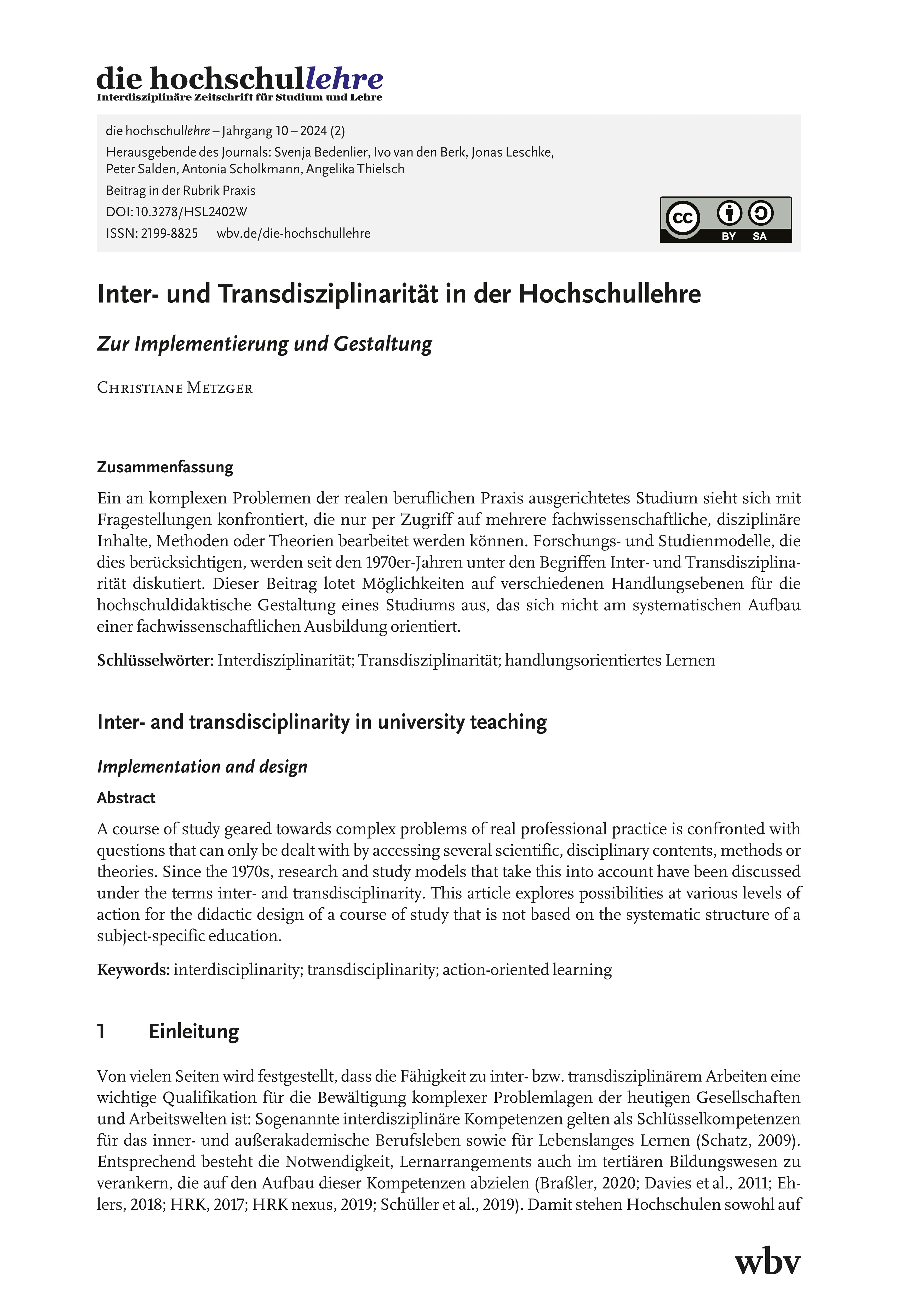 Inter- und Transdisziplinarität in der Hochschullehre. Zur Implementierung und Gestaltung Inter- und Transdisziplinarität in der Hochschullehre. Zur Implementierung und Gestaltung