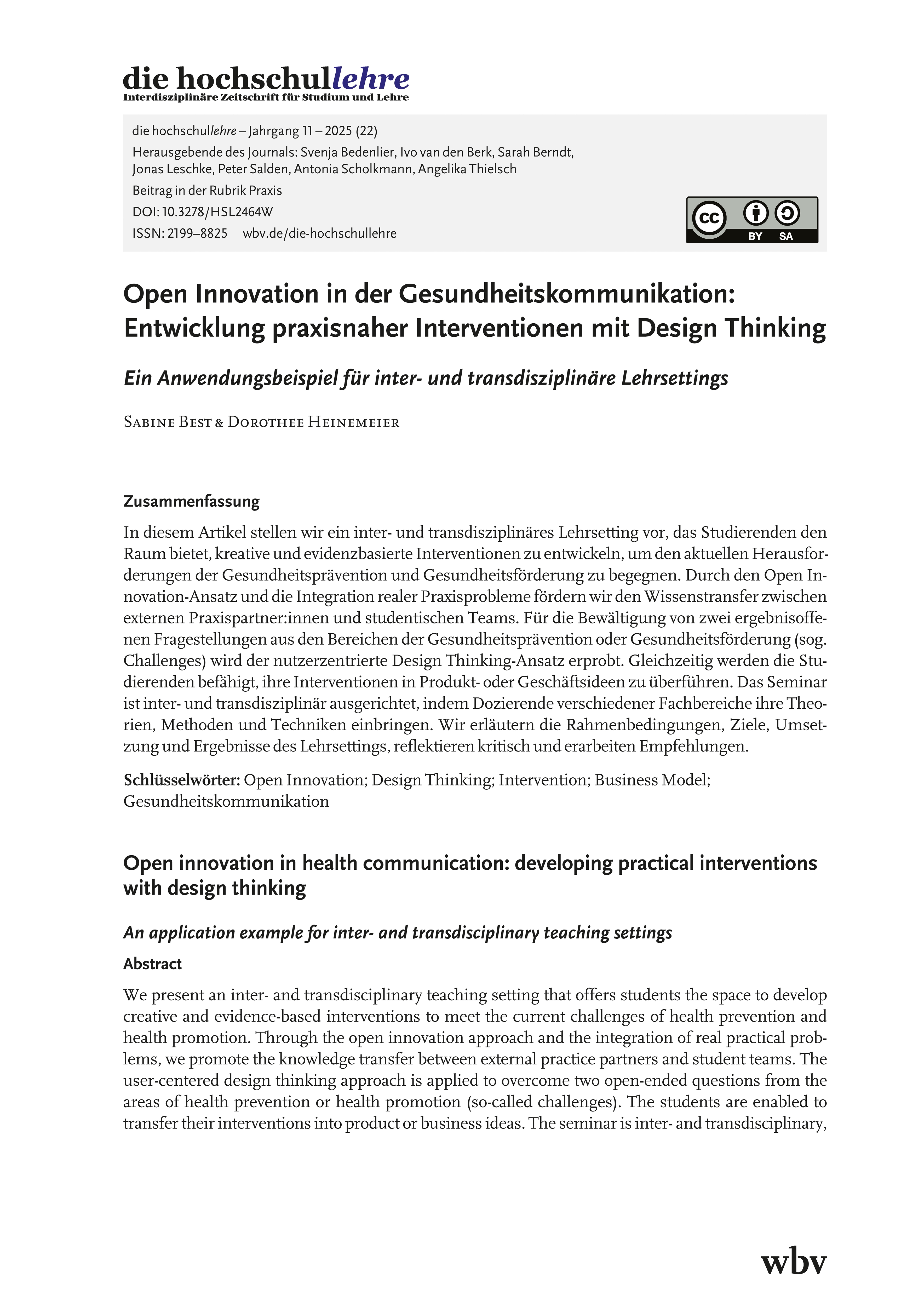 Open Innovation in der Gesundheitskommunikation: Entwicklung praxisnaher Interventionen mit Design Thinking. Ein Anwendungsbeispiel für inter- und transdisziplinäre Lehrsettings