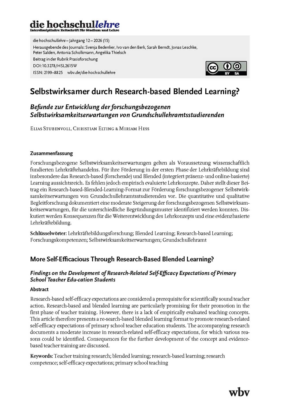 Selbstwirksamer durch Research-based Blended Learning? Befunde zur Entwicklung der forschungsbezogenen Selbstwirksamkeitserwartungen von Grundschullehramtsstudierenden