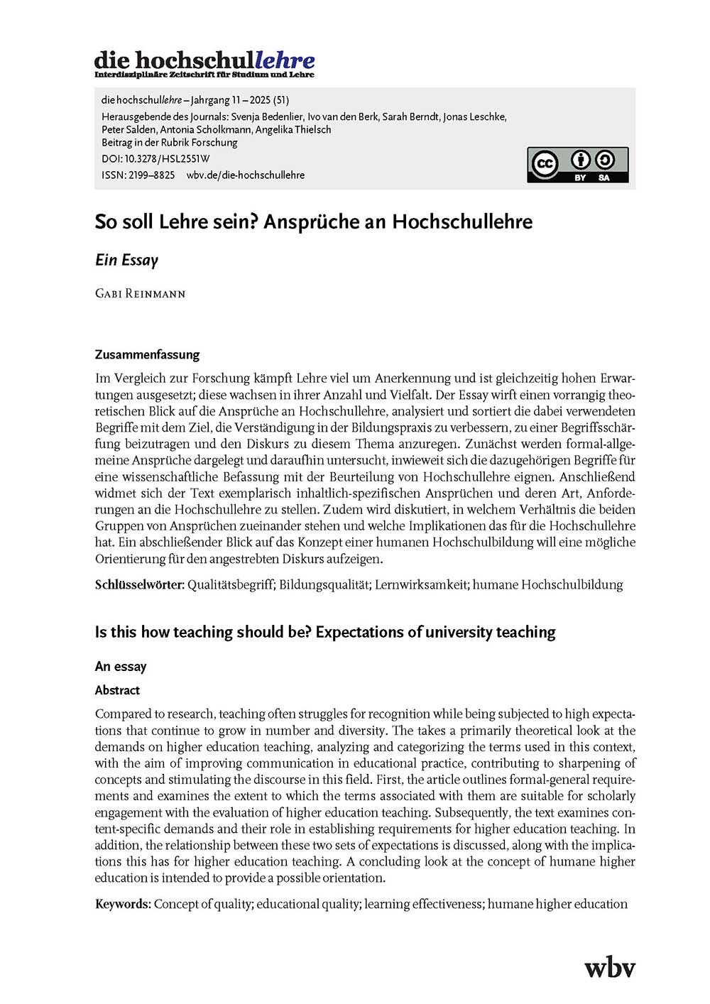 So soll Lehre sein? Ansprüche an Hochschullehre. Ein Essay