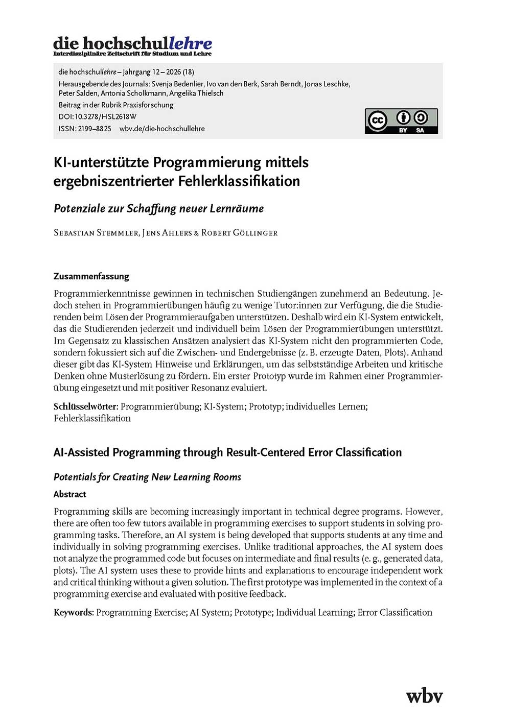 KI-unterstützte Programmierung mittels ergebniszentrierter Fehlerklassifikation. Potenziale zur Schaffung neuer Lernräume