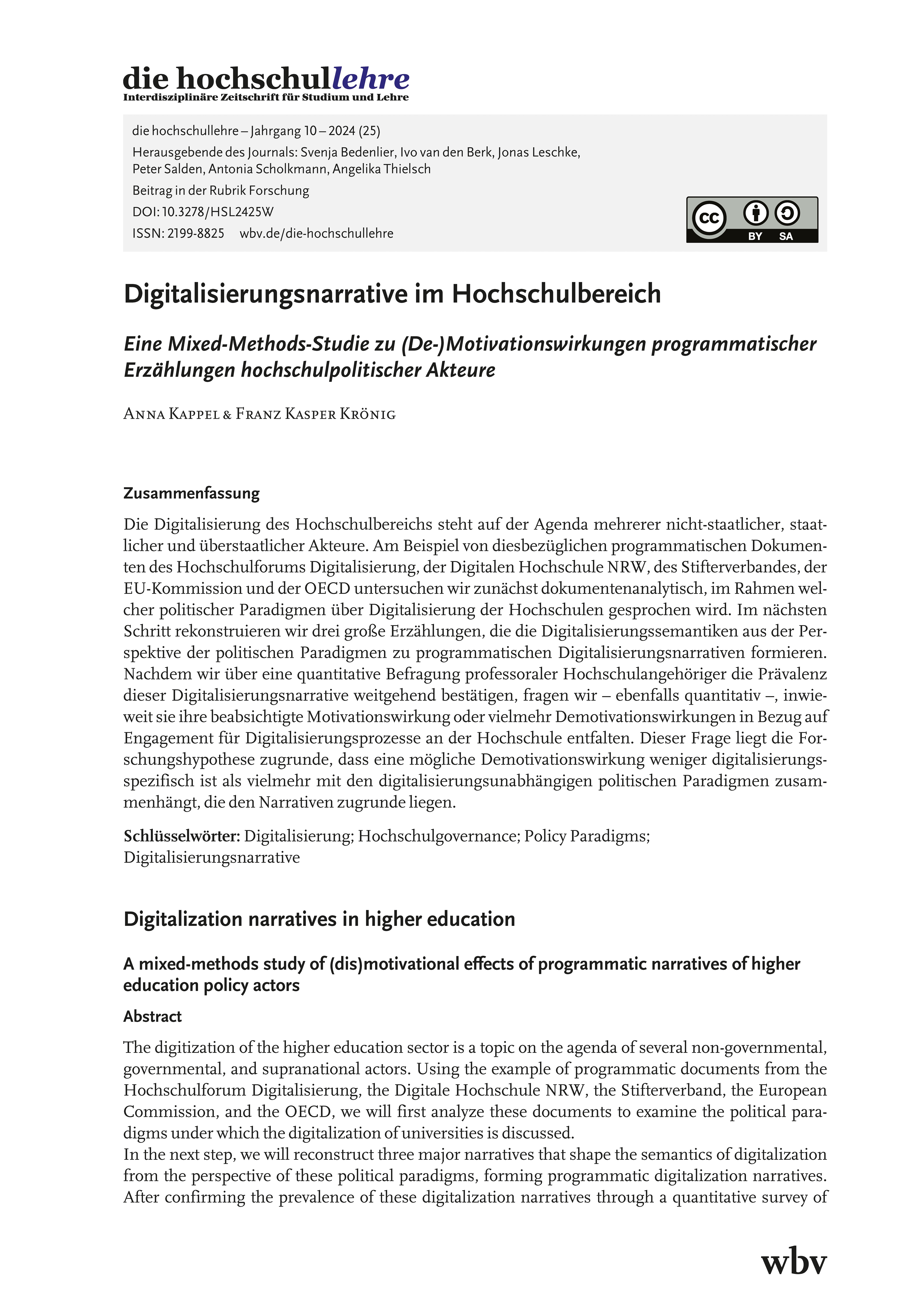 Digitalisierungsnarrative im Hochschulbereich. Eine Mixed-Methods-Studie zu (De-) Motivationswirkungen programmatischer Erzählungen hochschulpolitischer Akteure