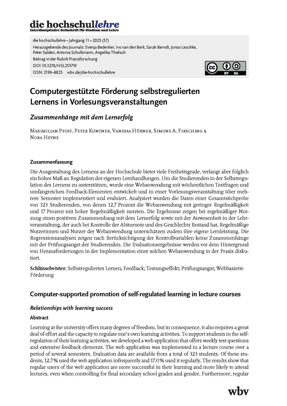 Computergestützte Förderung selbstregulierten Lernens in Vorlesungsveranstaltungen: Zusammenhänge mit dem Lernerfolg