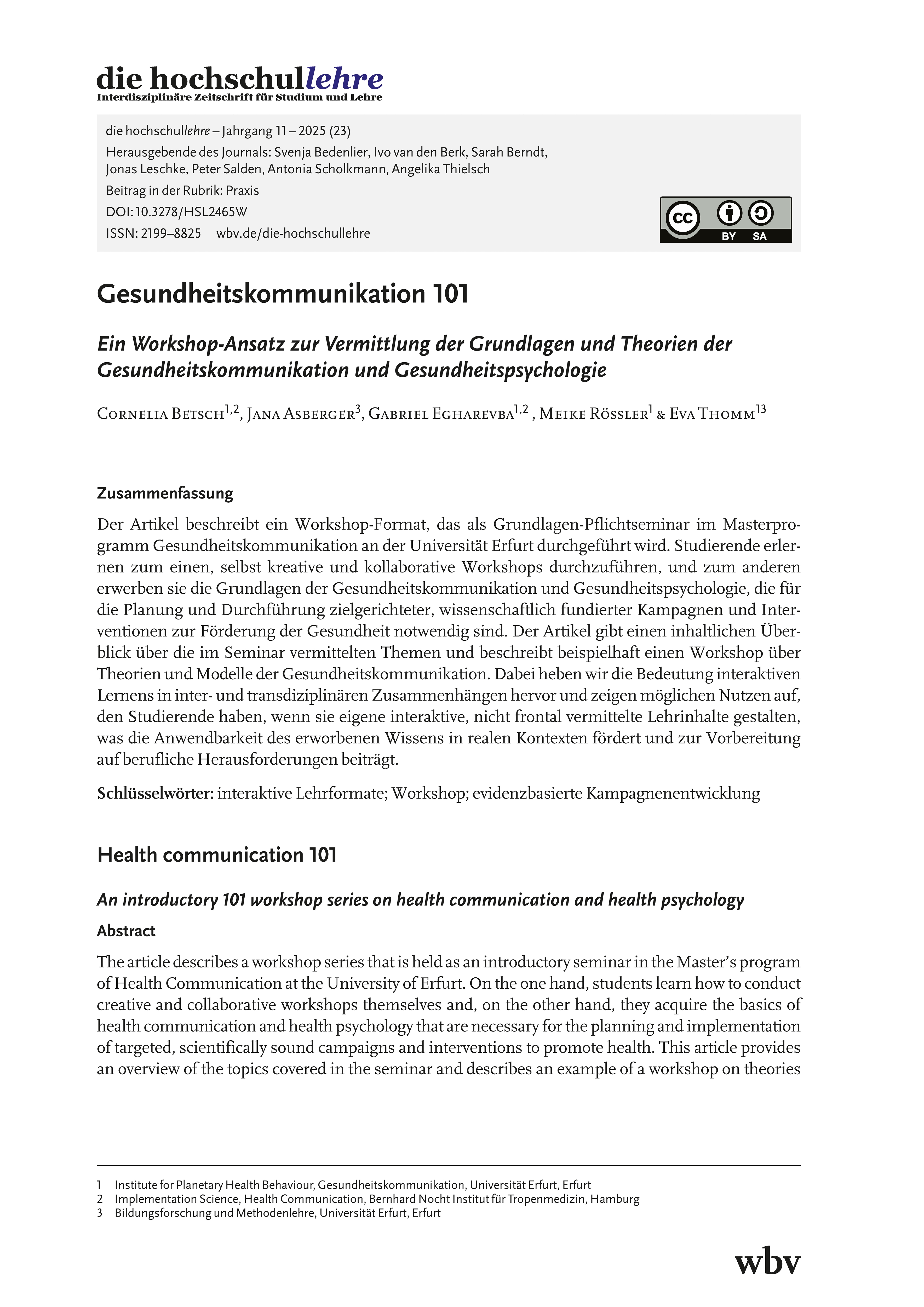 Gesundheitskommunikation 101. Ein Workshop-Ansatz zur Vermittlung der Grundlagen und Theorien der Gesundheitskommunikation und Gesundheitspsychologie