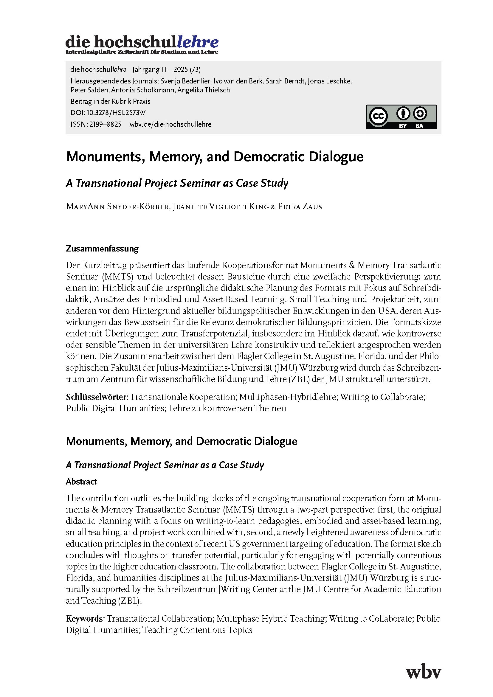 Monuments, Memory, and Democratic Dialogue. A Transnational Project Seminar as Case Study