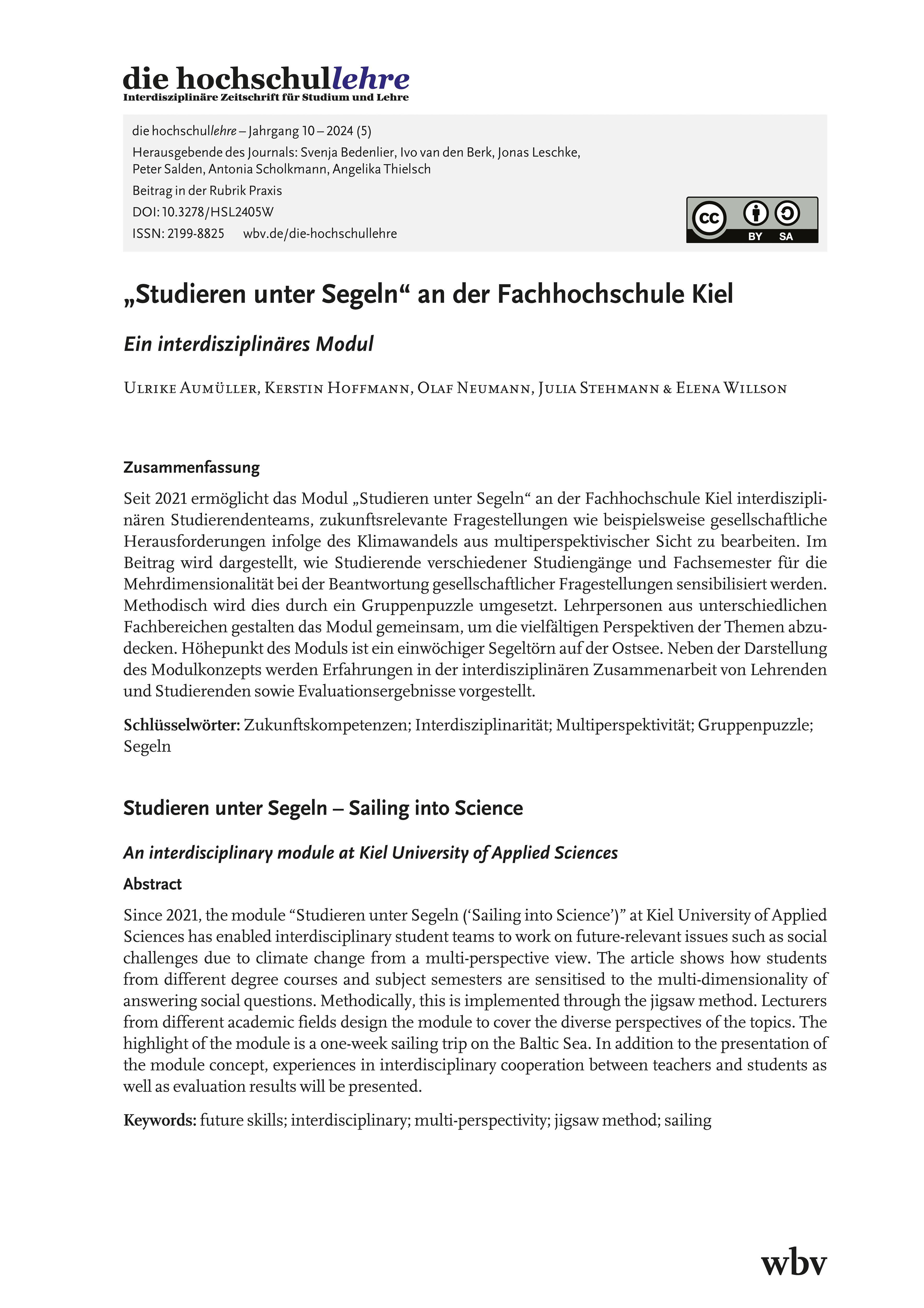 "Studieren unter Segeln" an der Fachhochschule Kiel. Ein interdisziplinäres Modul