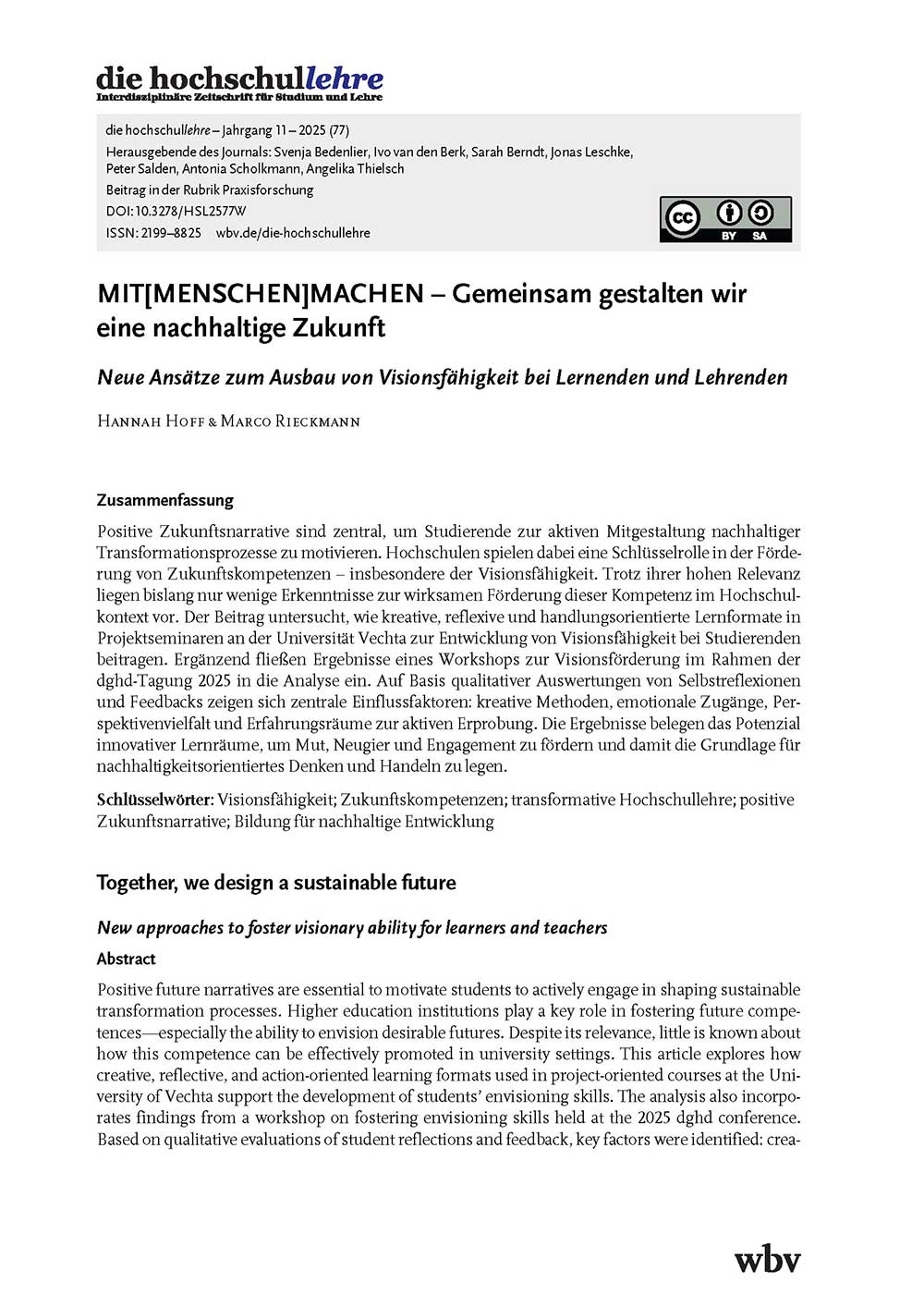 MIT[MENSCHEN]MACHEN – Gemeinsam gestalten wir eine nachhaltige Zukunft. Neue Ansätze zum Ausbau von Visionsfähigkeit bei Lernenden und Lehrenden