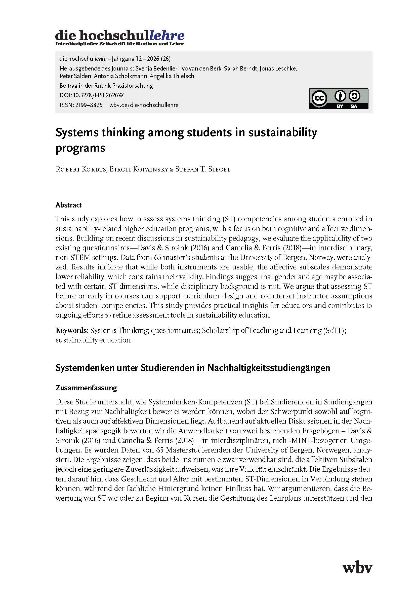 Systems thinking among students in sustainability programs