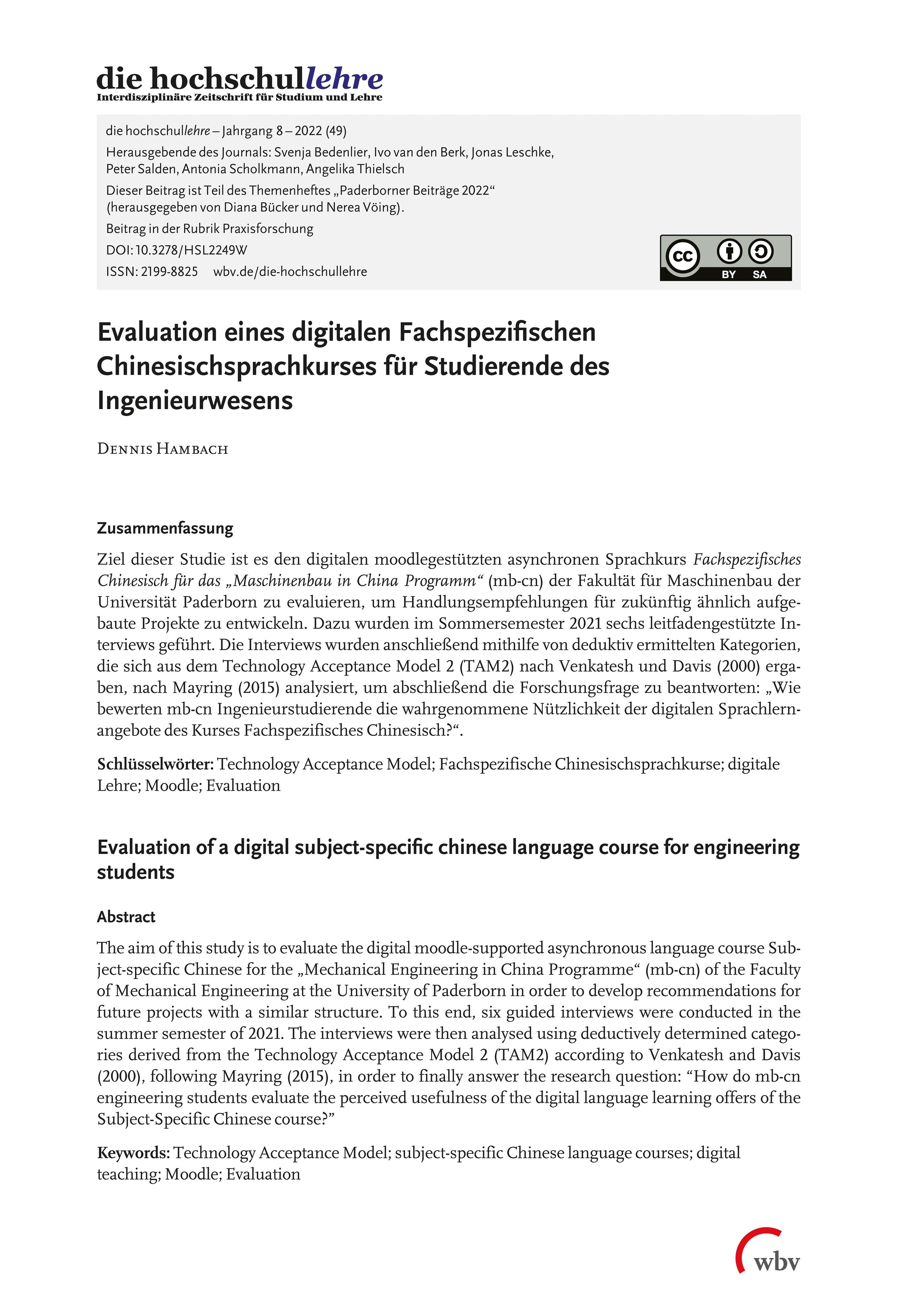Evaluation eines digitalen Fachspezifischen Chinesischsprachkurses für Studierende des Ingenieurwesens Evaluation eines digitalen Fachspezifischen Chinesischsprachkurses für Studierende des Ingenieurwesens