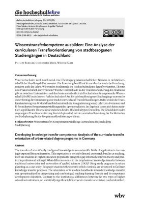 Wissenstransferkompetenz ausbilden: Eine Analyse der curricularen Transferorientierung von stadtbezogenen Studiengängen in Deutschland Wissenstransferkompetenz ausbilden: Eine Analyse der curricularen Transferorientierung von stadtbezogenen Studiengängen in Deutschland