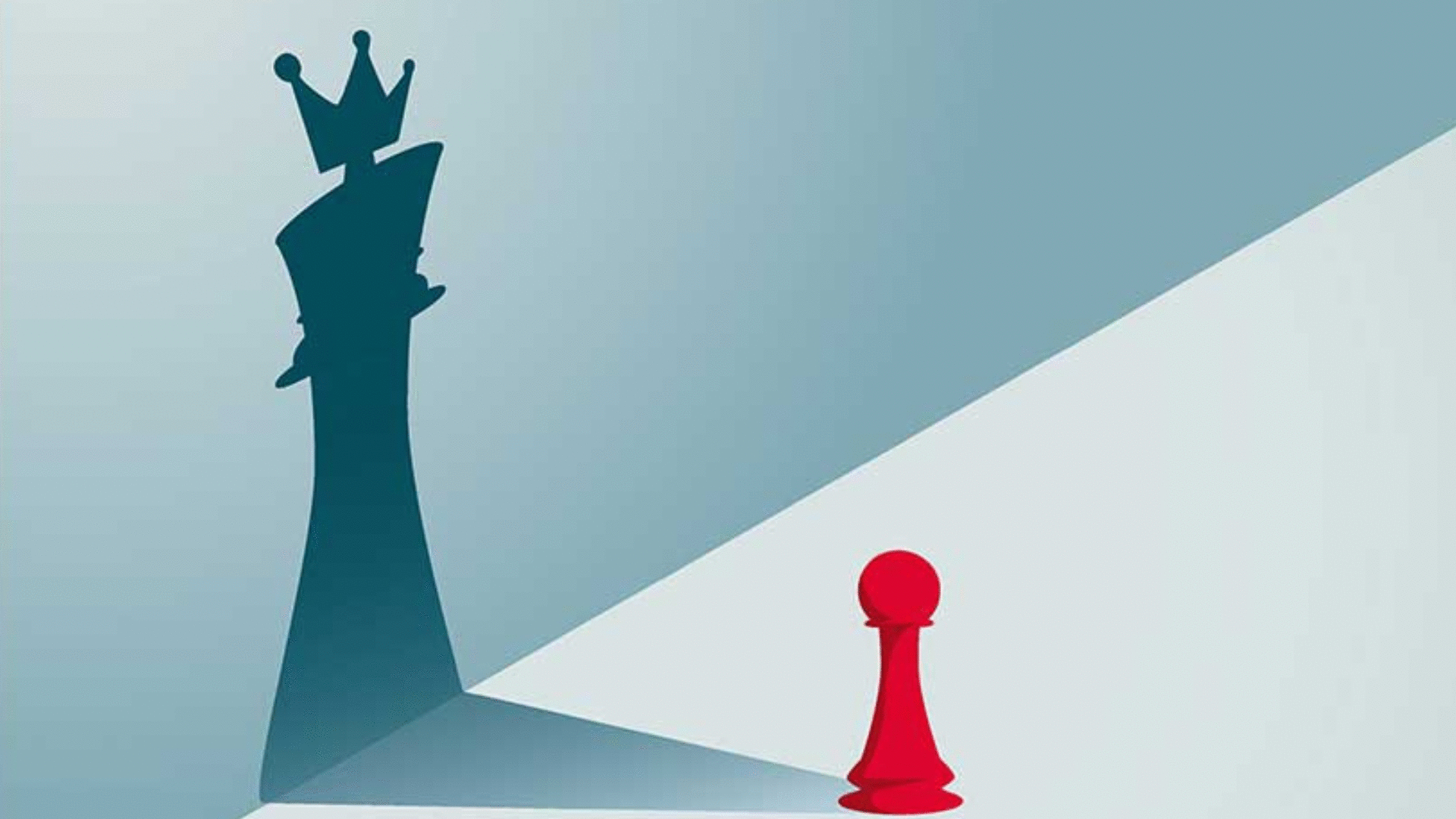 Eine kleine rote Schachfigur (Bauer) steht auf hellem Untergrund und wirft einen kleinen Schatten. Auf die linke Seite des Bildes ist große Schatten einer Schachfigur mit Krone (König) projiziert. ähnelt.
