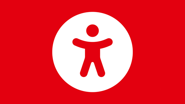 Weißes Symbol einer stilisierten Person mit ausgestreckten Armen in einem weißen Kreis auf rotem Hintergrund. Das Symbol steht für Barrierefreiheit.