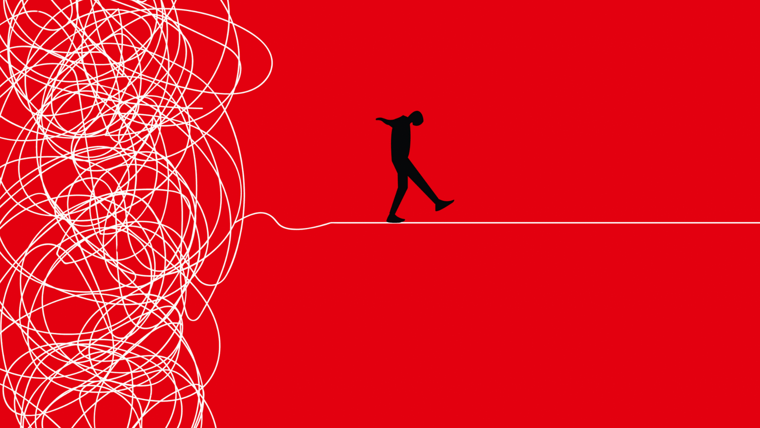 Figur balanciert auf einer weißer Linie vor einem roten Hintergrund.